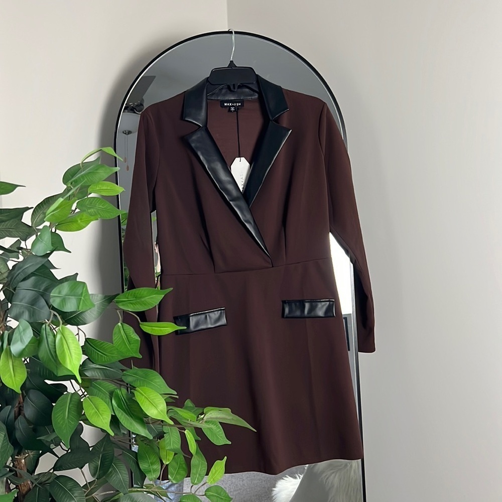 MAX+ASH Long Sleeve Black and Brown Dress with Faux Leather Collar and Trim